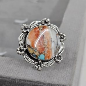 Spiny Oyster Turquoise Sunflower Southwest Size US 8 925 Silver Ring (RS111-138)