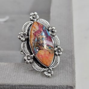Pink Dahlia Turquoise Sunflower Southwest Size US 8 925 Silver Ring (RS111-132)
