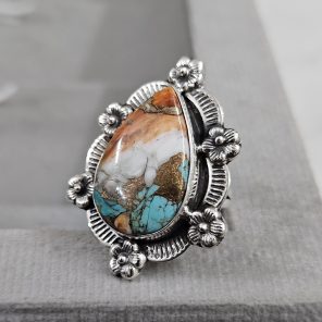 Spiny Oyster Turquoise Sunflower Southwest Size US 8 925 Silver Ring (RS111-139)
