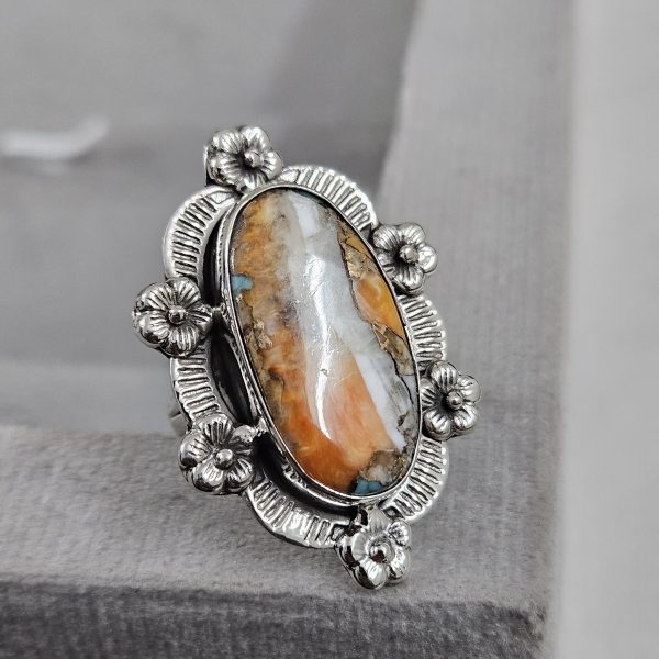 Spiny Oyster Turquoise Sunflower Southwest Size US 6 925 Silver Ring (RS111-135)