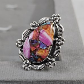 Pink Dahlia Turquoise Sunflower Southwest Size US 9 925 Silver Ring (RS111-130)