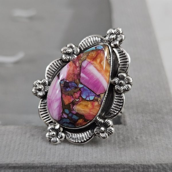Pink Dahlia Turquoise Sunflower Southwest Size US 9 925 Silver Ring (RS111-130)