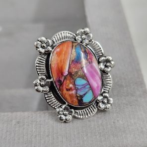 Pink Dahlia Turquoise Sunflower Southwest Size US 7 925 Silver Ring (RS111-125)