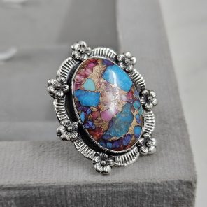 Pink Dahlia Turquoise Sunflower Southwest Size US 7 925 Silver Ring (RS111-127)