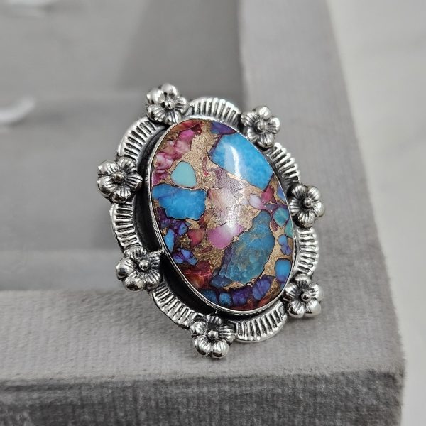 Pink Dahlia Turquoise Sunflower Southwest Size US 7 925 Silver Ring (RS111-127)