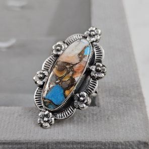 Spiny Oyster Turquoise Sunflower Southwest Size US 7 925 Silver Ring (RS111-136)