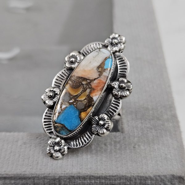 Spiny Oyster Turquoise Sunflower Southwest Size US 7 925 Silver Ring (RS111-136)