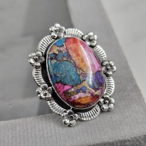 Pink Dahlia Turquoise Sunflower Southwest Size US 7 925 Silver Ring (RS111-126)
