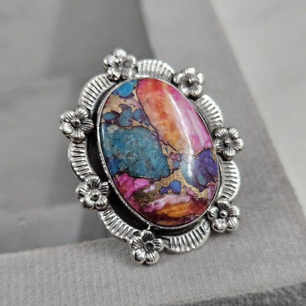 Pink Dahlia Turquoise Sunflower Southwest Size US 7 925 Silver Ring (RS111-126)