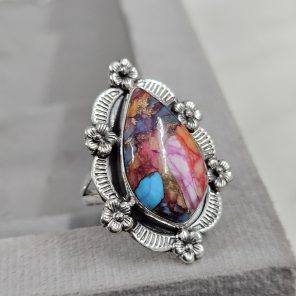 Pink Dahlia Turquoise Sunflower Southwest Size US 9 925 Silver Ring (RS111-131)
