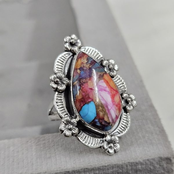 Pink Dahlia Turquoise Sunflower Southwest Size US 9 925 Silver Ring (RS111-131)