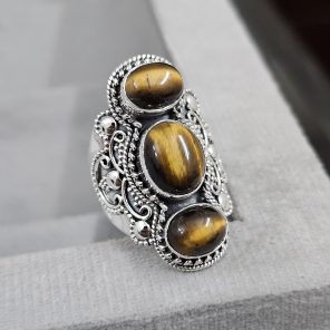 Triple Tiger's Eye Ring Size US 8 925 Sterling Silver (RS106-10)