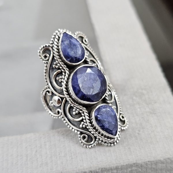 Triple Blue Sapphire Ring Size US 9 925 Sterling Silver (RS106-18)