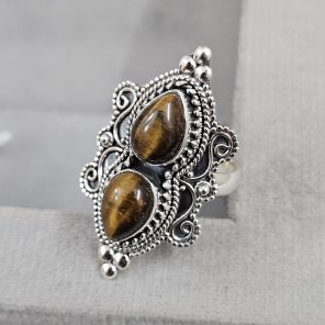 Double Tiger's Eye Ring Size US 8 925 Sterling Silver (RS106-31)