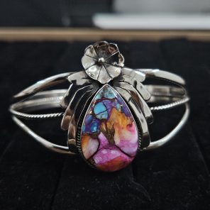 Pink Dahlia Turquoise Southwest Style 925 Sterling Silver Bangle Cuff (RSB2-139)