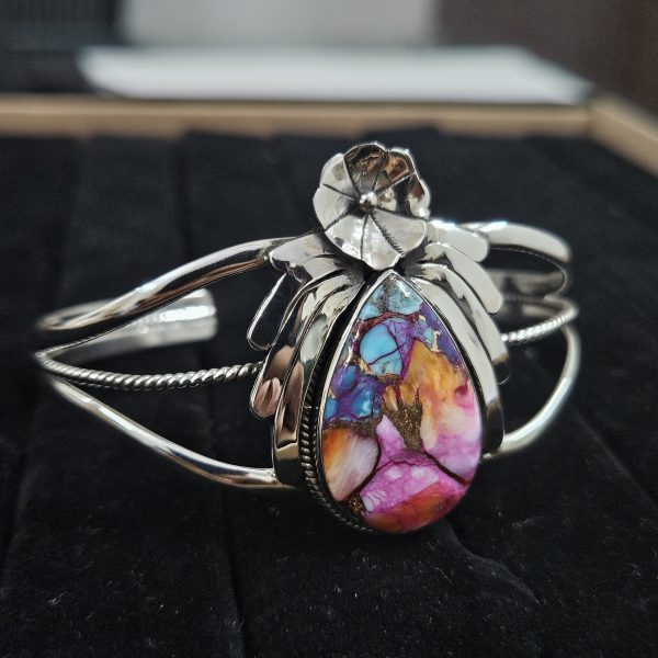 Pink Dahlia Turquoise Southwest Style 925 Sterling Silver Bangle Cuff (RSB2-139) - Image 3