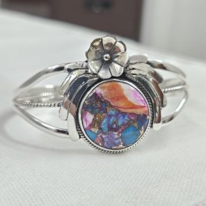 Pink Dahlia Turquoise Southwest Style 925 Sterling Silver Bangle Cuff (RSB2-140)