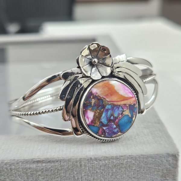 Pink Dahlia Turquoise Southwest Style 925 Sterling Silver Bangle Cuff (RSB2-140) - Image 3