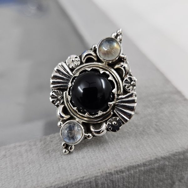 Black Onyx & Moonstone 925 Sterling Silver Ring (RS25-128) - Image 2