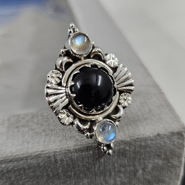 Black Onyx & Moonstone 925 Sterling Silver Ring (RS25-128)