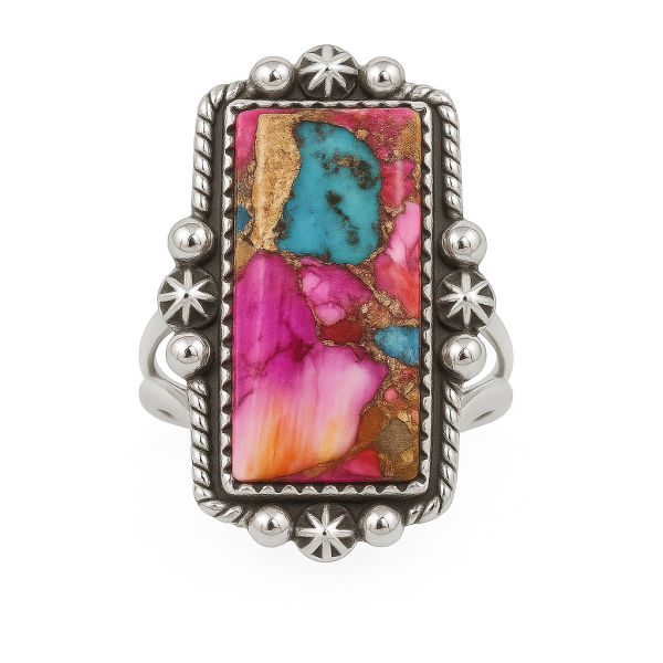 Pink Dahlia Turquoise Southwest Style 925 Silver Ring (REXT2-1)