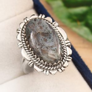 Moss Agate Size US 10 925 Silver Ring (RS104-173)