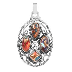 Multi Pink Dahlia Turquoise 1.75" 925 Silver Pendant (REXT42-86)