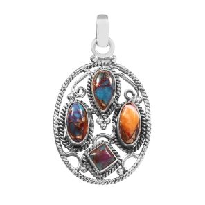 Multi Pink Dahlia Turquoise 1.75" 925 Silver Pendant (REXT42-87)