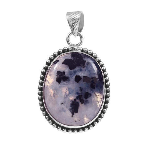 Black Tourmaline In Moonstone 1.5â€³ 925 Sterling Silver Pendant (REXT8-64)
