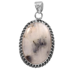 Black Tourmaline In Moonstone 1.5â€³ 925 Sterling Silver Pendant (REXT8-65)
