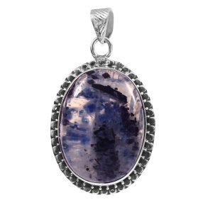 Black Tourmaline In Moonstone 1.5â€³ 925 Sterling Silver Pendant (REXT8-73)