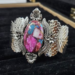 Pink Dahlia Turquoise Southwest Style 925 Sterling Silver Cuff Bangle (RSB2-155)