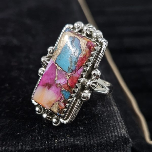 Pink Dahlia Turquoise Southwest Style 925 Silver Ring (REXT2-1) - Image 2
