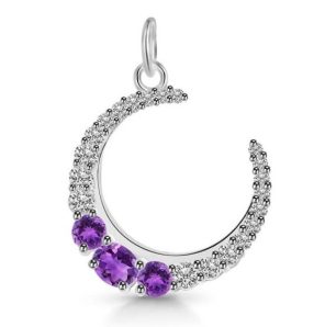 Amethyst & White Topaz Crescent Moon 925 Silver Pendant (REXT37-10)