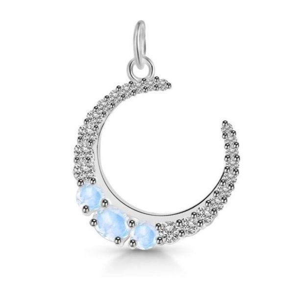 Rainbow Moonstone & White Topaz Crescent Moon 925 Silver Pendant (REXT37-9)
