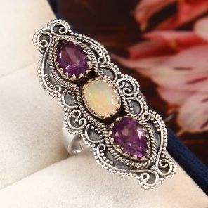 Amethyst & Opal Size US 8 925 Sterling Silver Ring (REXT42-139)