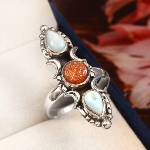 Larimar & Sunstone Size US 9 925 Sterling Silver Ring (REXT42-198)