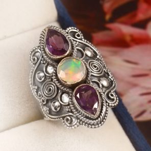 Amethyst & Opal Size US 7 925 Sterling Silver Ring (REXT42-133)
