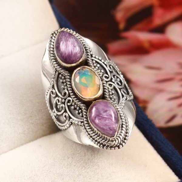 Charoite & Opal Size US 7 925 Sterling Silver Ring (REXT42-156)