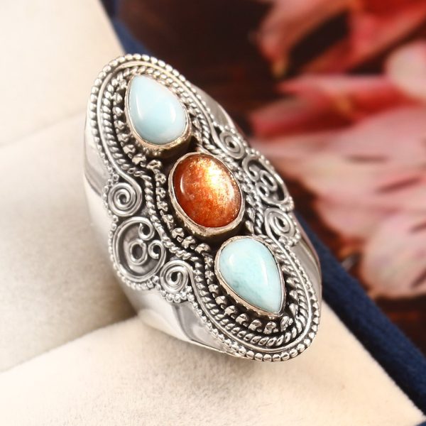 Larimar & Sunstone Size US 5 925 Sterling Silver Ring (REXT42-172)