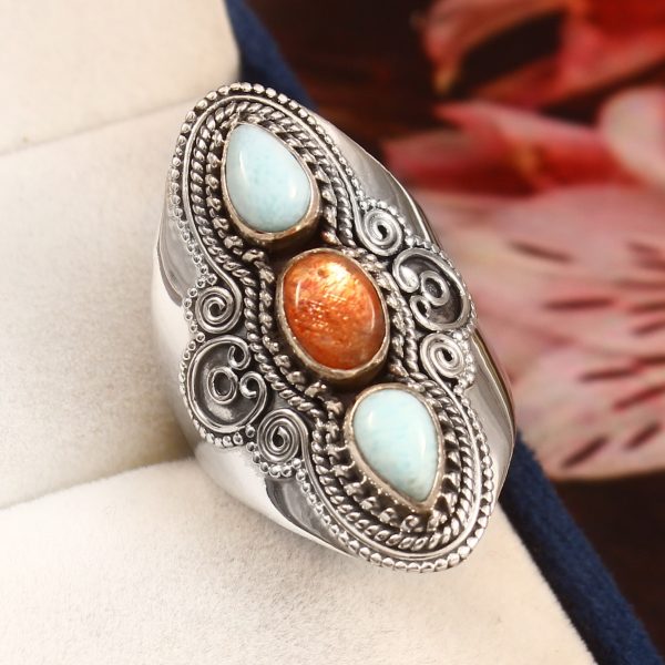 Larimar & Sunstone Size US 9 925 Sterling Silver Ring (REXT42-175)
