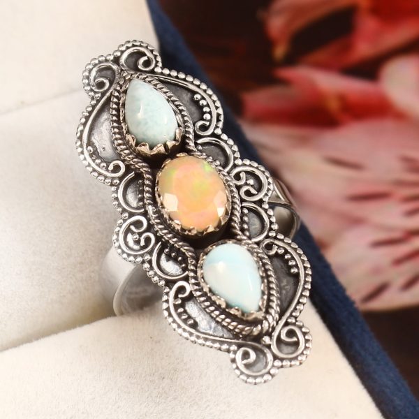 Larimar & Opal Size US 7 925 Sterling Silver Ring (REXT42-167)
