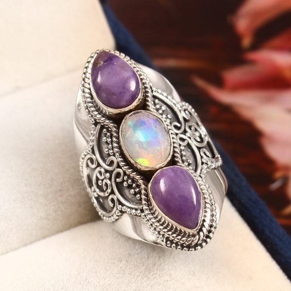 Charoite & Opal Size US 7 925 Sterling Silver Ring (REXT42-157)
