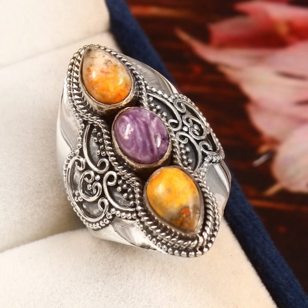 Charoite & Bumble Bee Jasper Size US 9 925 Sterling Silver Ring (REXT42-190)