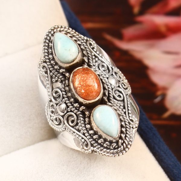 Larimar & Sunstone Size US 10 925 Sterling Silver Ring (REXT42-178)