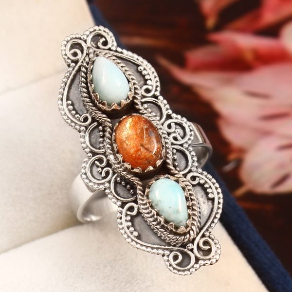 Larimar & Sunstone Size US 9 925 Sterling Silver Ring (REXT42-176)
