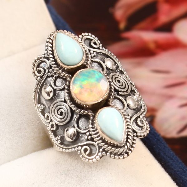 Larimar & Opal Size US 7 925 Sterling Silver Ring (REXT42-165)