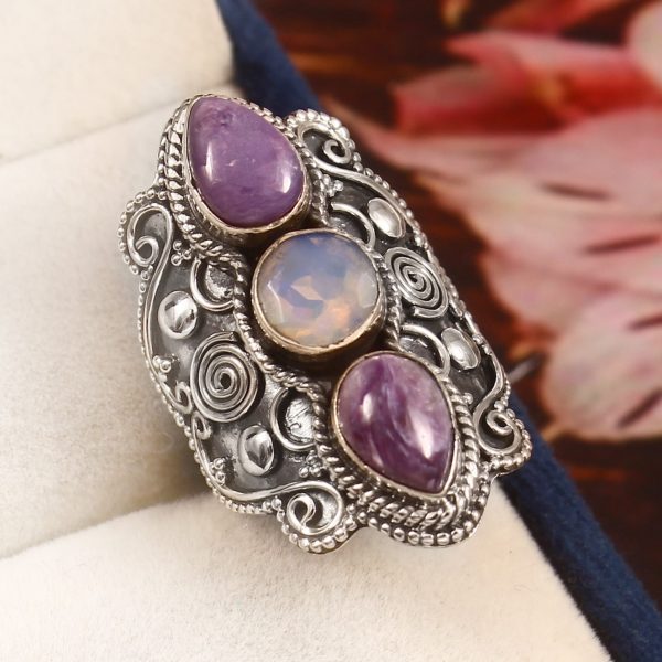 Charoite & Opal Size US 8 925 Sterling Silver Ring (REXT42-155)