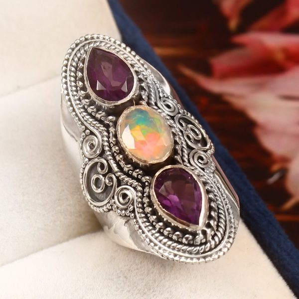 Amethyst & Opal Size US 9 925 Sterling Silver Ring (REXT42-144)