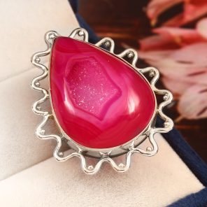 Pink Agate Druzy Size US 10 925 Sterling Silver Ring (REXT19-17)